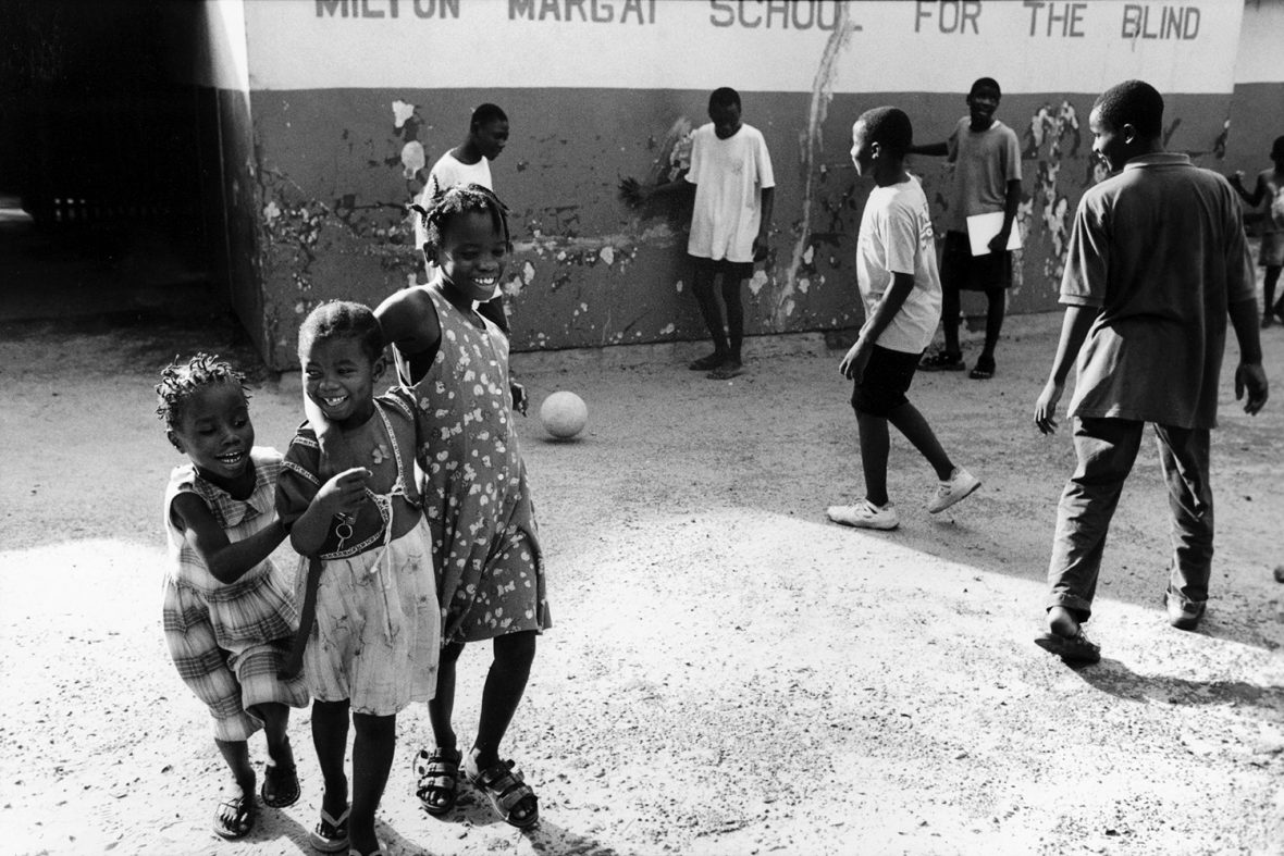 Break time at the Milton Margai School for the Blind in Freetown: the children played football by following the sound of a bell in the ball. Some of the pupils had been blinded by rebels during the civil war.